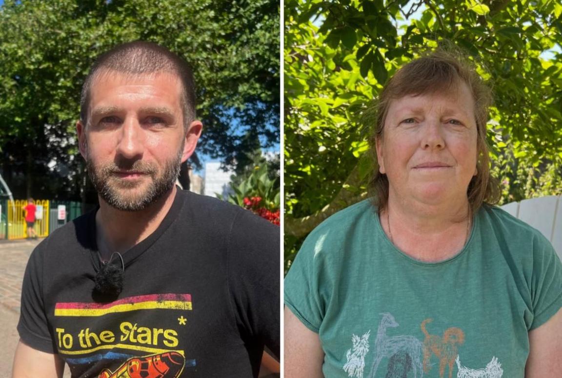 On the left of the photo is Lee Carpenter. He is pictured in Jersey's parade gardens and is wearing a black t-shirt. On the right of the photo is Julia Lecrivian, she is wearing a green t-shirt and is pictured in her garden. 