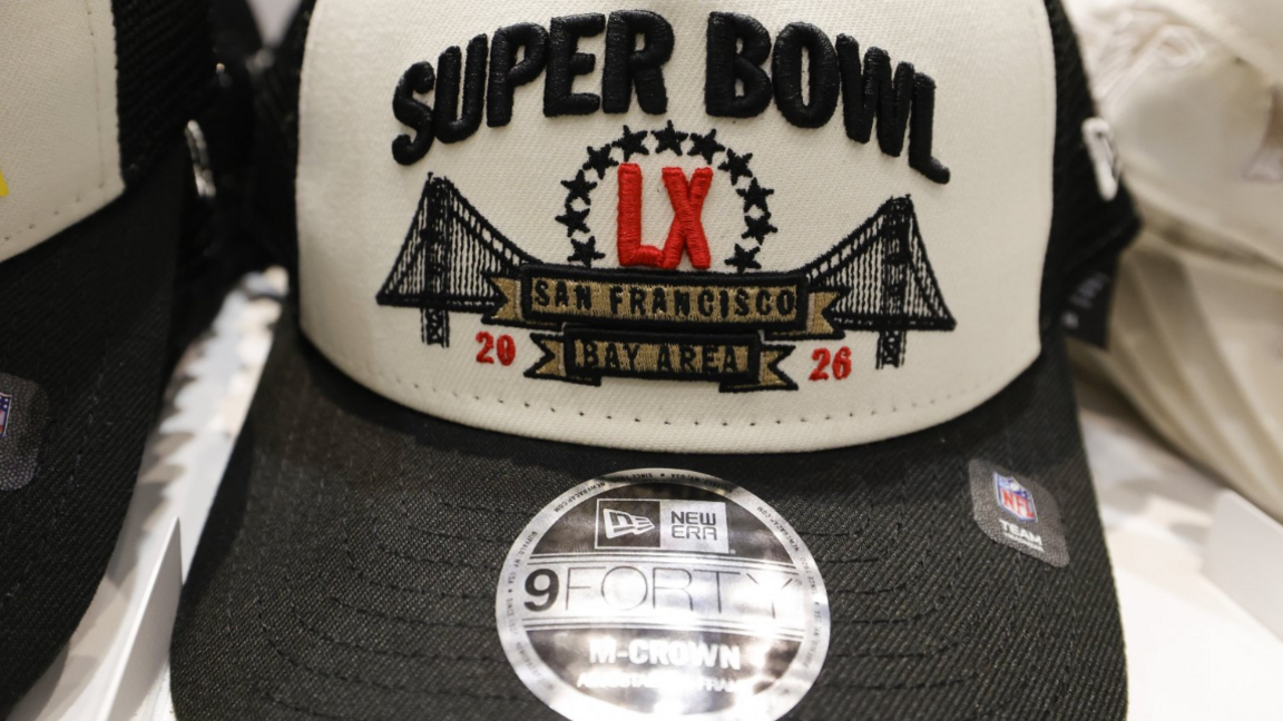 Cap showing the Super Bowl logo and San Francisco's Golden Gate Bridge in thread