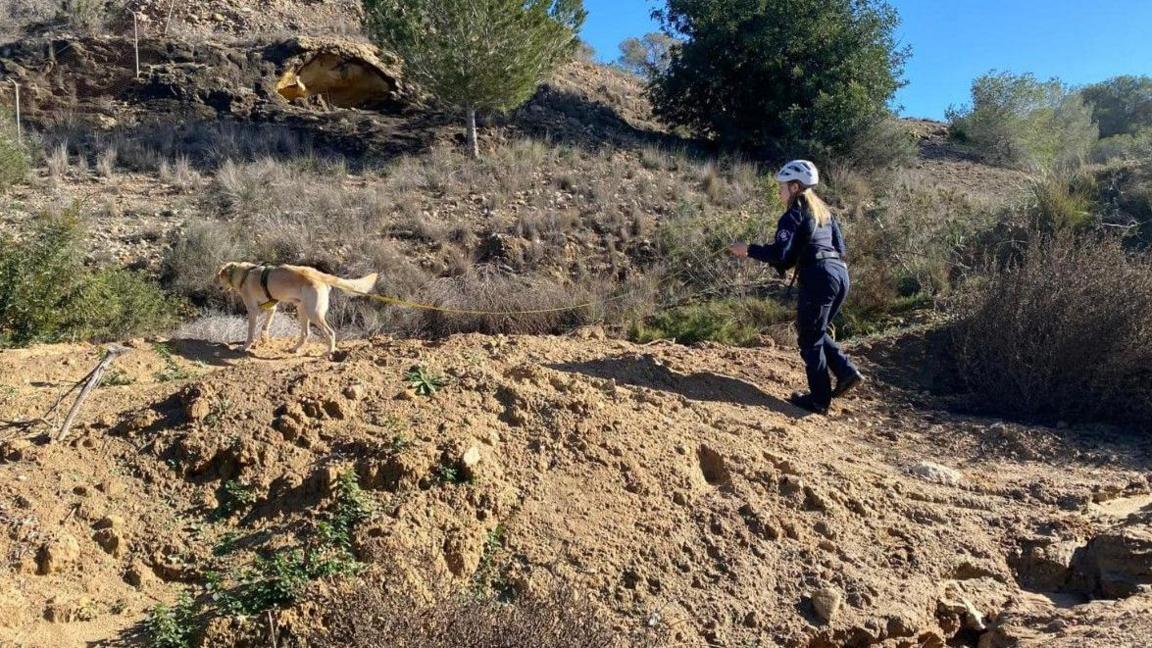 A Woman in Navy overals and a white helmet holds a lead with a golden retriver on the other end. They are searching sandy rock for a missing person. 