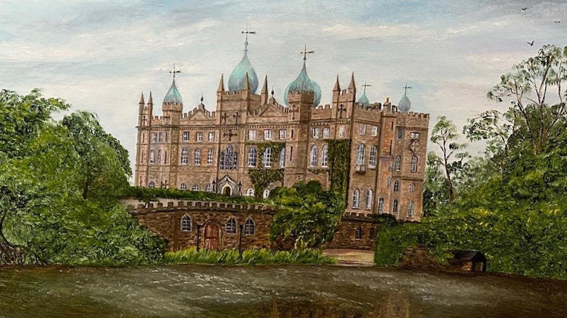 A painting of Tong Castle in Shropshire, a country mansion with Indian-style domes on the roof