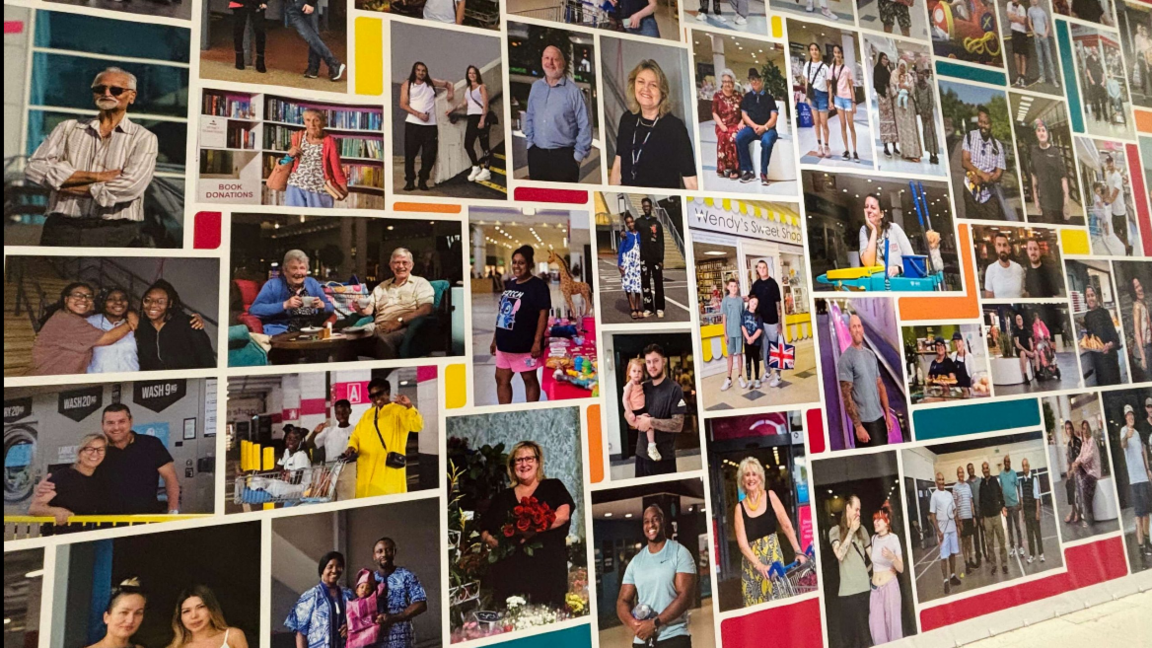 A large collection of photos of people in the shopping centre all put together on a wall. 