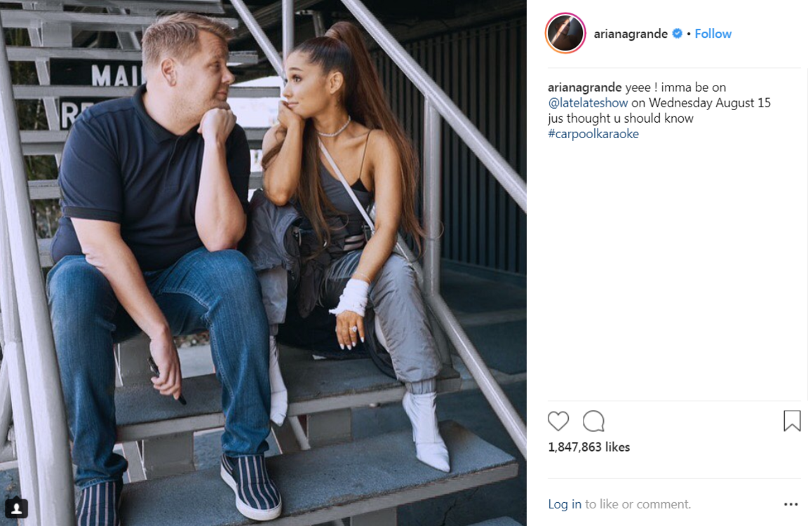 A post from Ariana Grande on Instagram showing a photo of her with James Corden