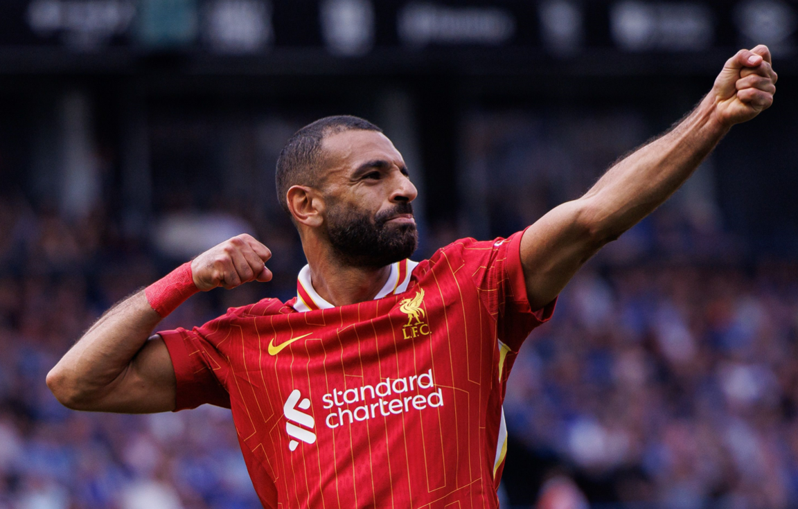 Mohamed Salah celebrates scoring against Ipswich Town in the Premier League.