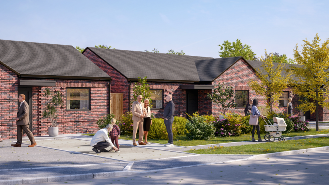A computer-generated image of what some of the new homes could look like at the Lincoln Green Estate in Wolverhampton. Several men and women are standing or walking in the road outside the homes. The houses look like bungalows with red bricks and windows with small front gardens.