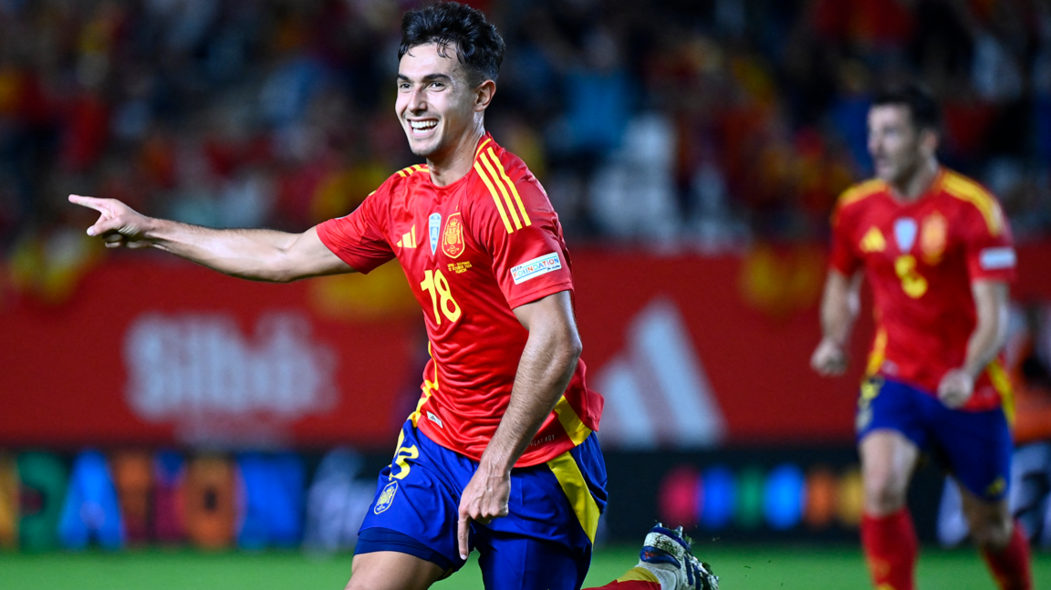 Martin Zubimendi celebrates scoring for Spain against Denmark in the Uefa Nations League