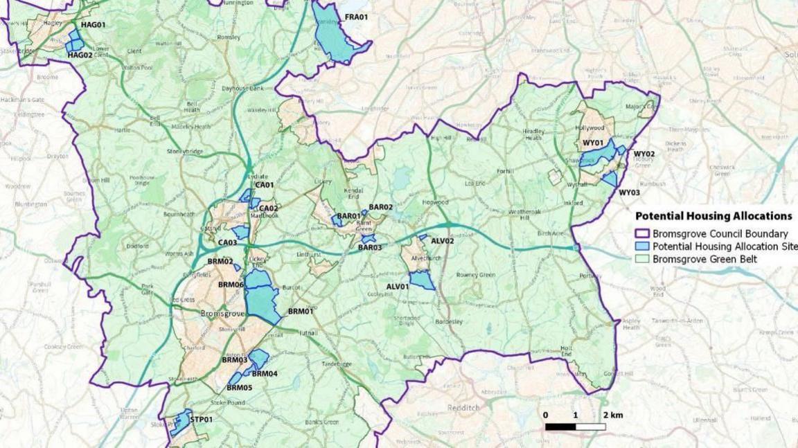 A map showing an area of potential housing allocations in the Bromsgrove area.