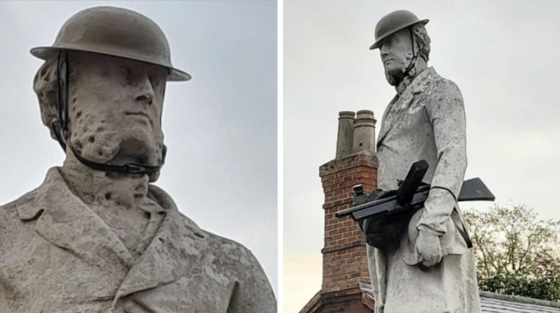 Close-up images showing the statue with the old tin helmet and another showing the gun placed under its arm.