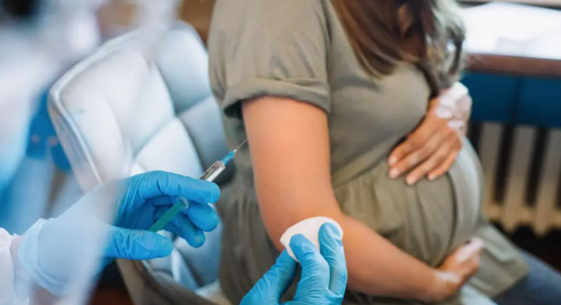 A photo of a medical professional wearing blue gloves holding a needle and cotton pad in front of a pregnant woman holding her baby bump