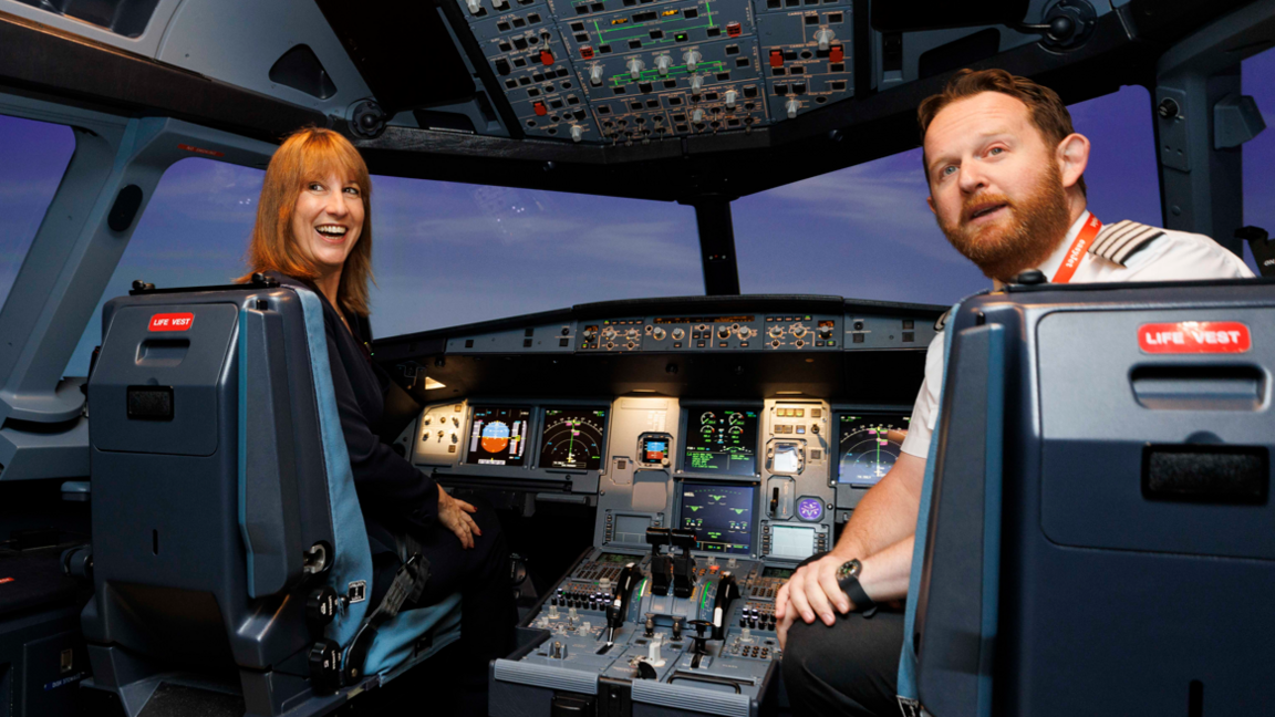 Chancellor of the Exchequer Rachel Reeves sits in a flight simulator during a visit to the Easyjet CAE Simulator Centre at London Gatwick Airport in Crawley, West Sussex. 