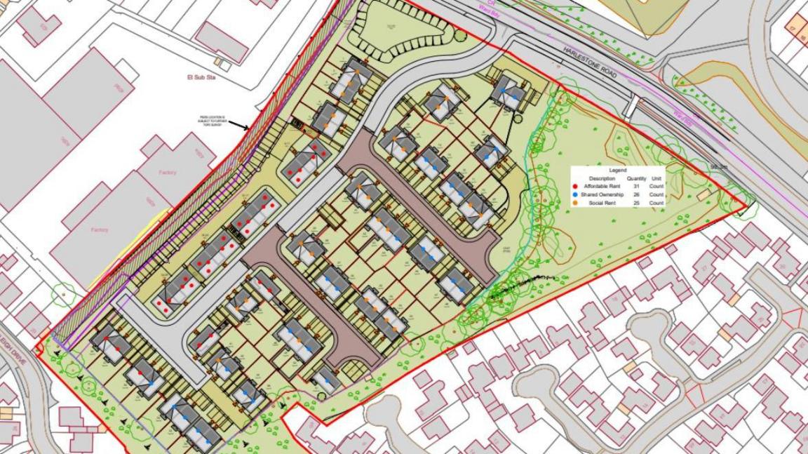 A planning document shows the proposed layout of the development off the Harlestone Road.