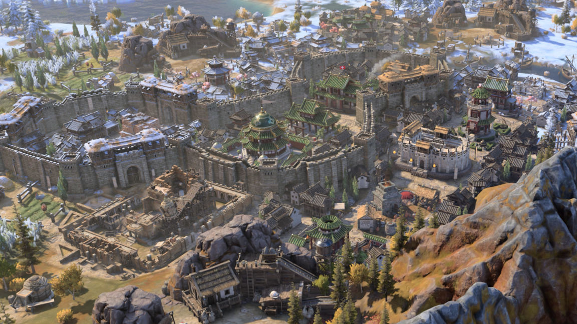 A computer-generated image showing a city surrounded by walls, with a mountain in the foreground and snow on the roofs of buildings