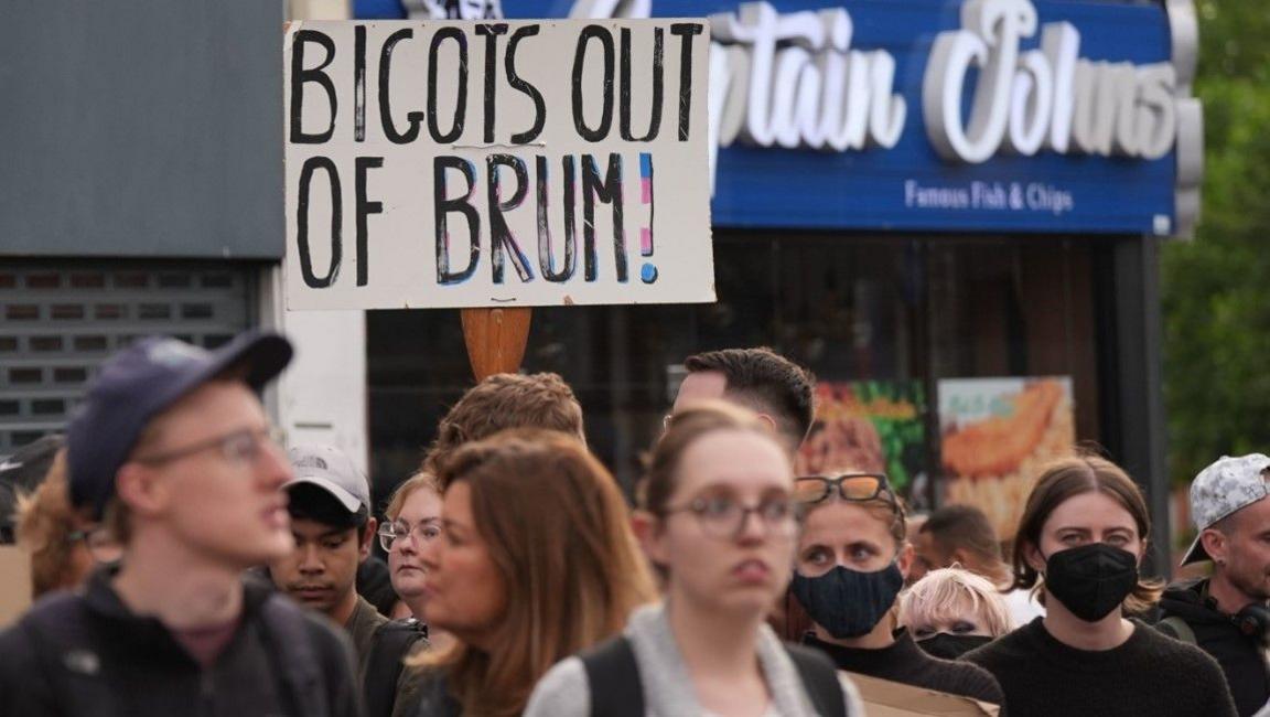 Counter protesters ahead of an anti-immigration protest outside the Refugee and Migrant centre in Birmingham