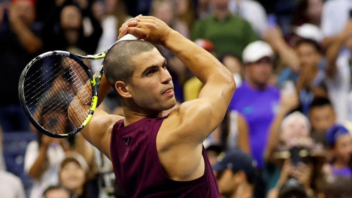Carlos Alcaraz celebrates his US Open first-round win 