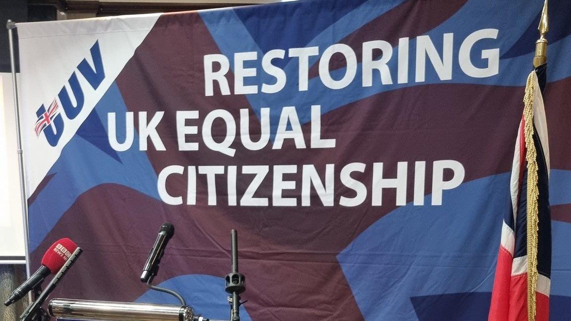 The banner of TUV manifesto launch saying 'Restoring UK equal citizenship'