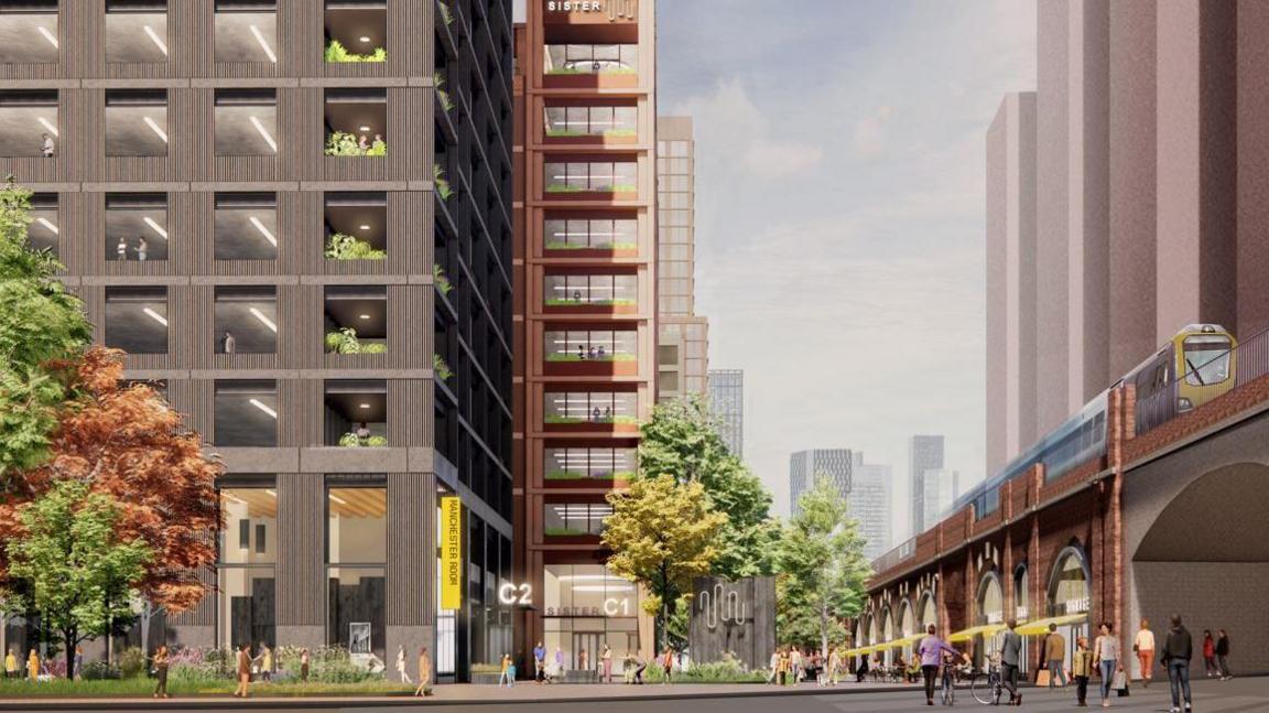 A digital rendering of the plans, including a new modern tower block and wooded areas, with pedestrians walking under adjacent railway arches over which runs a train. The Manchester skyline of skyscrapers can be seen in the distance. 