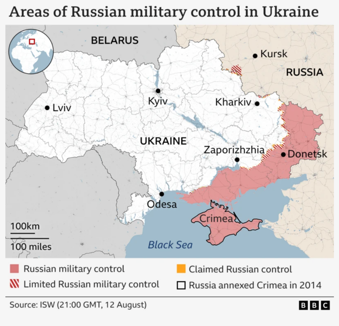 A map showing areas of Russian control in Ukraine. 
