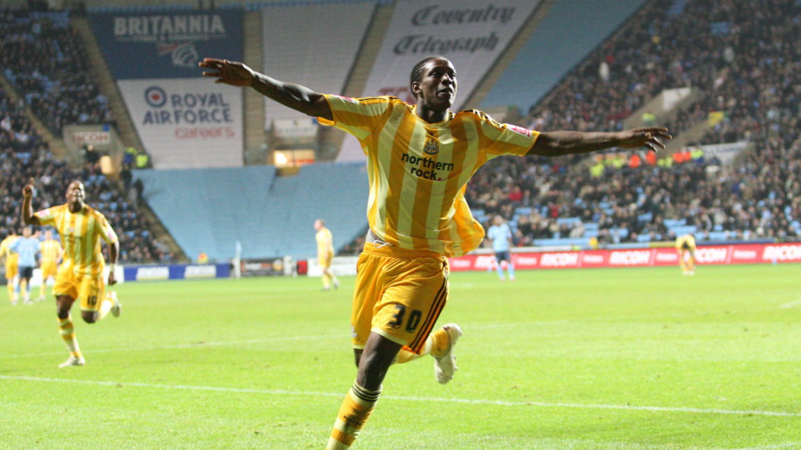 Nile Ranger celebrates scoring for Newcastle against Coventry City in the Championship in 2009