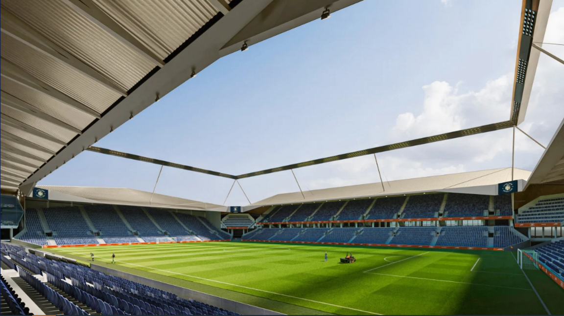 A CGI image of inside the ground. A one-tier stand is behind the goal to the left and a two-tier stand is to the side of the pitch in front of where the image is captured. There are a few people dotted on or around the pitch.