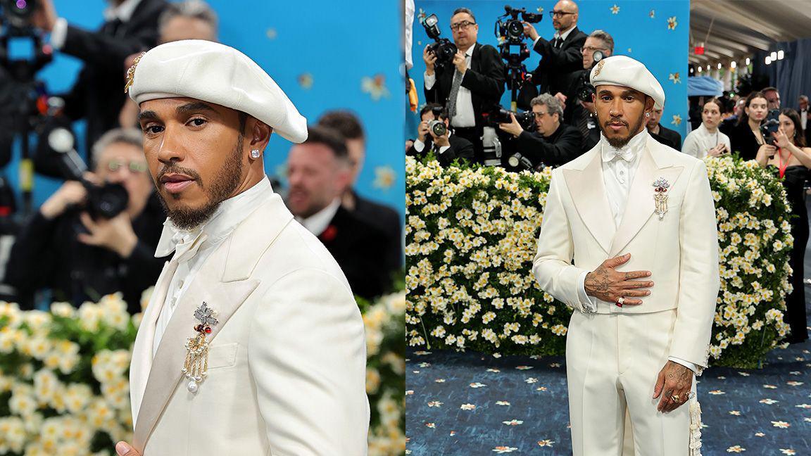 Lewis Hamilton wears an ivory suit
