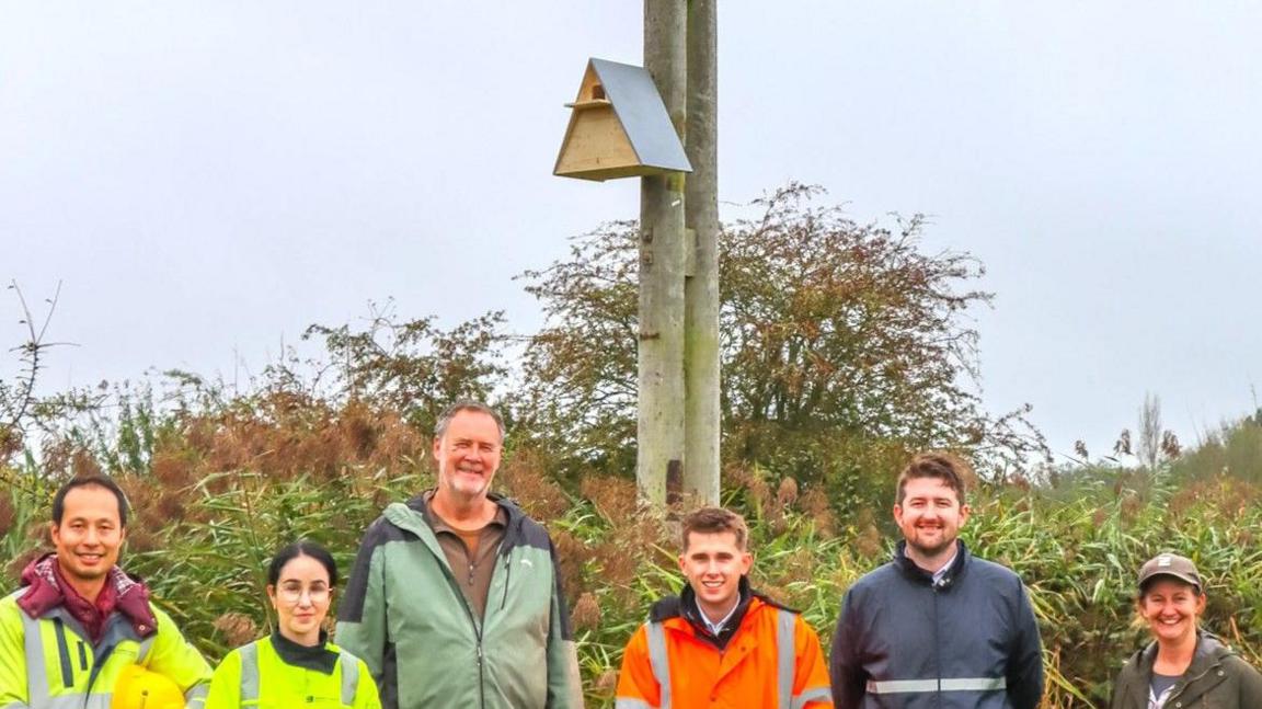 Five volunteers wearing outdoor clothing stand in front of a power pole in a rural area, which has had a nesting box sited on it.