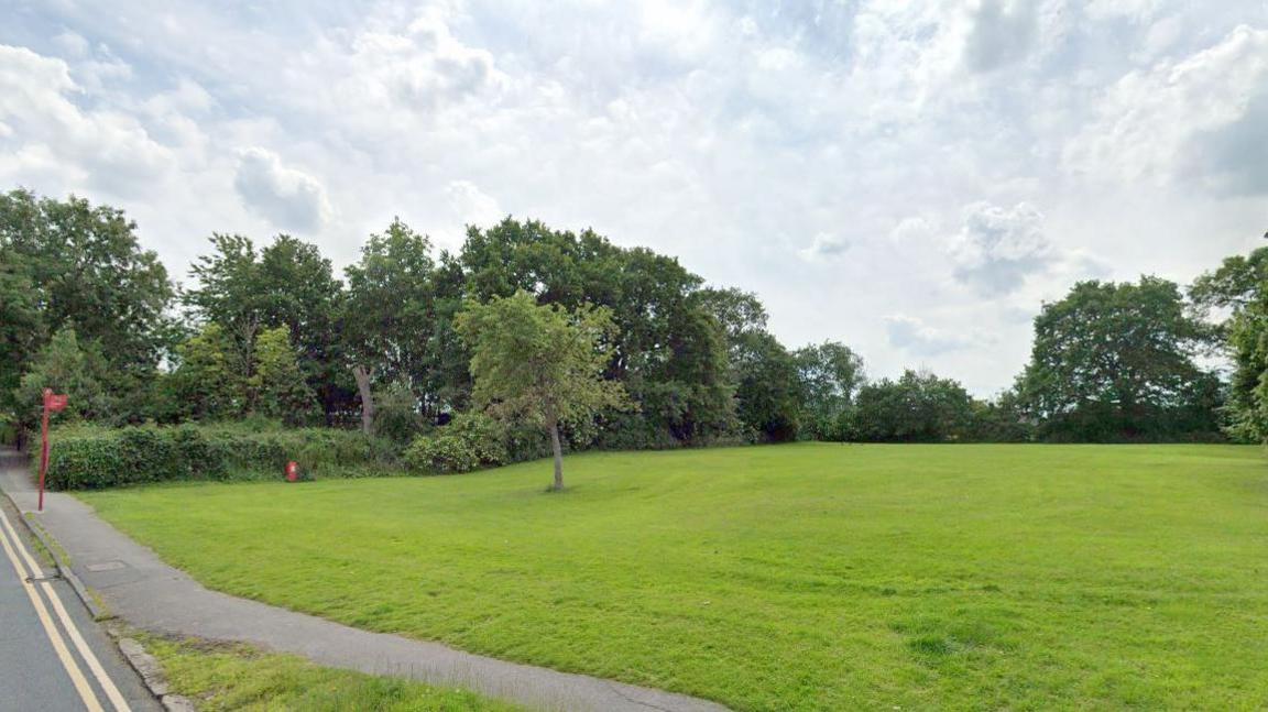 Partial road with double yellow lines painted on it adjacent to an area of grass with trees in the background