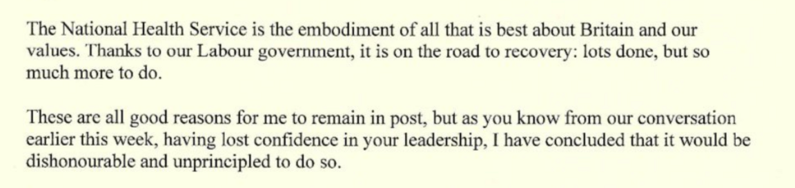 Excerpt from West Streeting's letter reading: The National Health Service is the embodiment of all that is best about Britain and our values. Thanks to our Labour government, it is on the road to recovery: lots done, but so much more to do.