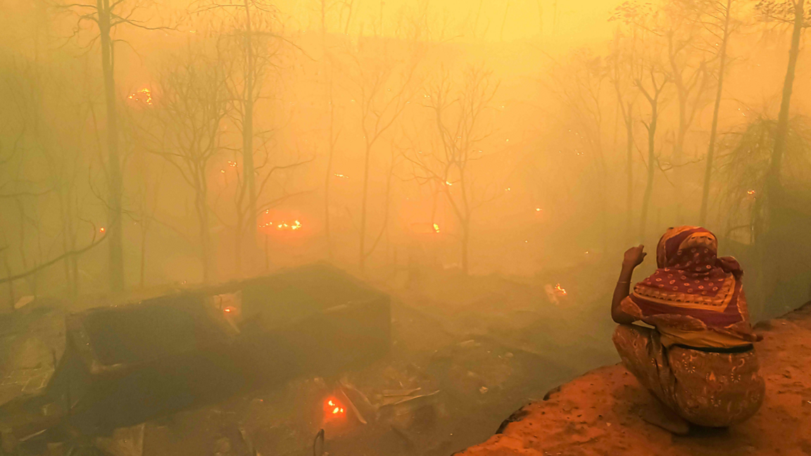 A fire at a refugee camp