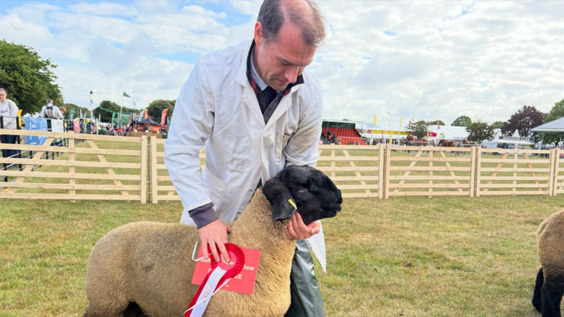 A man wearing a long white coat leans over a sheep and holds one hand around its neck. In his other hand he holds a red rosette. 