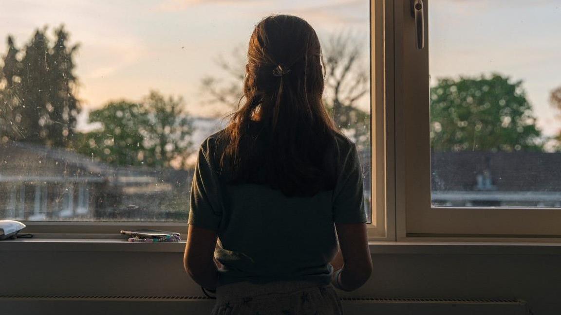 Stock image of a girl with long brown hair standing at a window looking out. There are buildings and trees outside.
