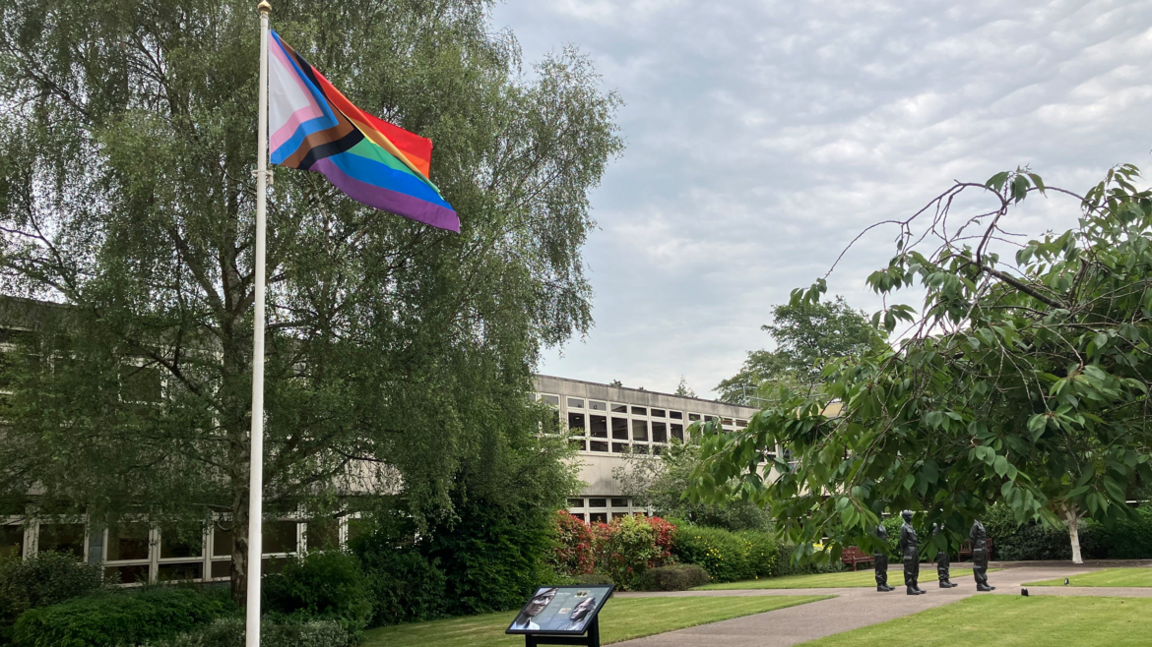 A multi-coloured LGBTQ+ flag was flying outside County Hall