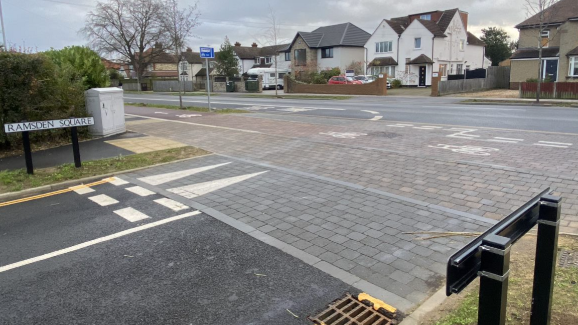 Copenhagen crossing at Ramsden Square in Cambridge showing a newly configurated layout prioritising pedestrians and cyclists at the junction 