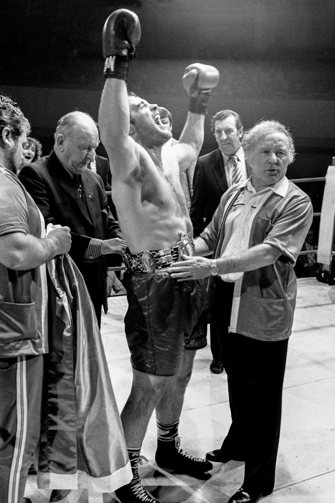 Winning the British Heavyweight title at St David's Cardiff v Neville Meade