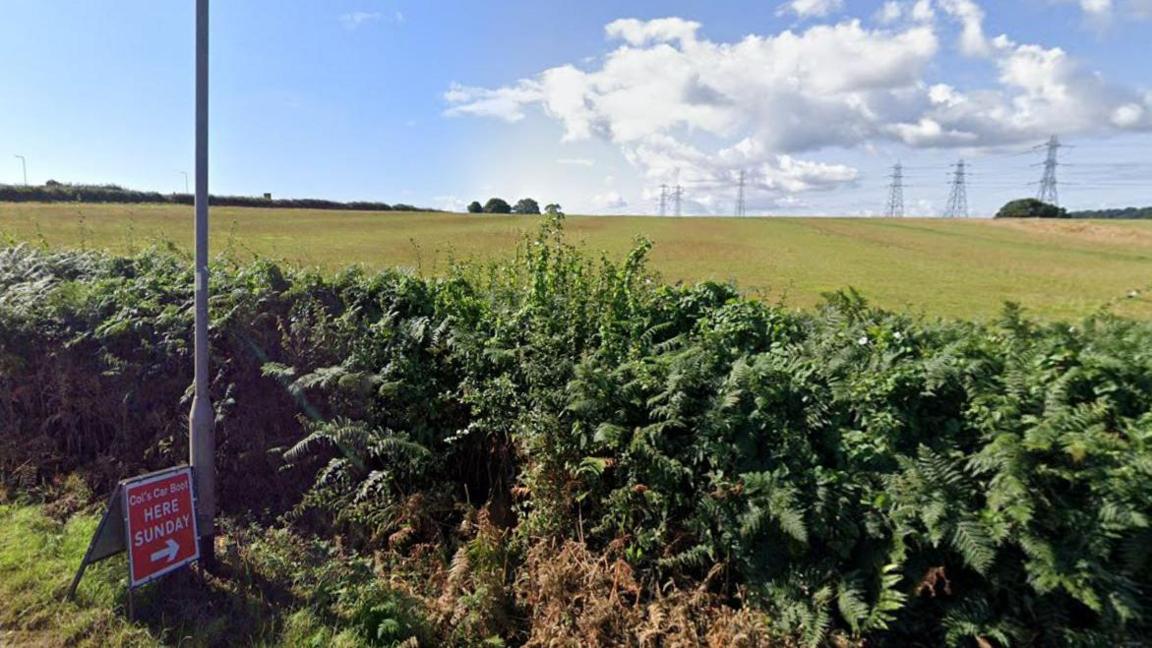 A field next to a road with a lamppost on the roadside. Under the lamppost, a red road sign says Col's Car Boot here Sunday.