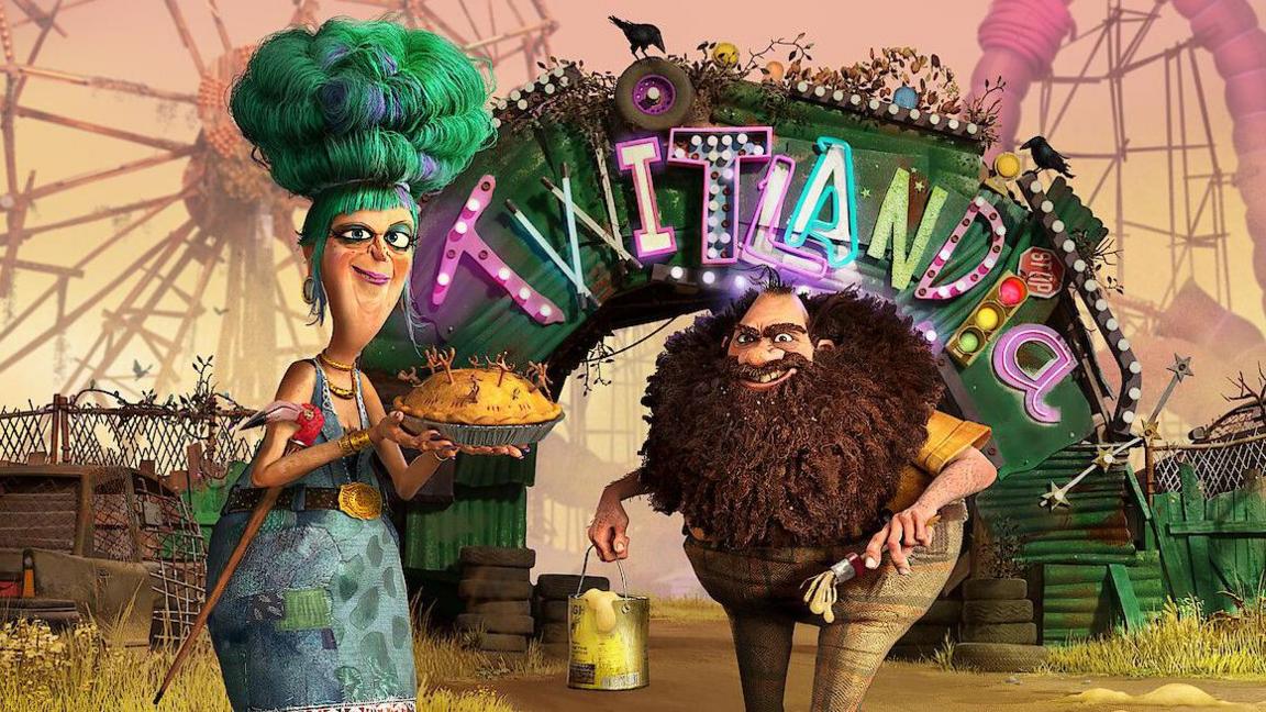 Animation of Mr and Mrs Twit in front of the amusement park.