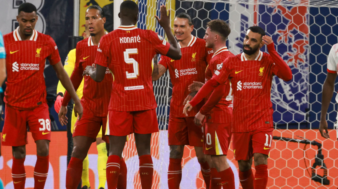 Liverpool's players celebrate after scoring against RB Leipzig in the Champions League