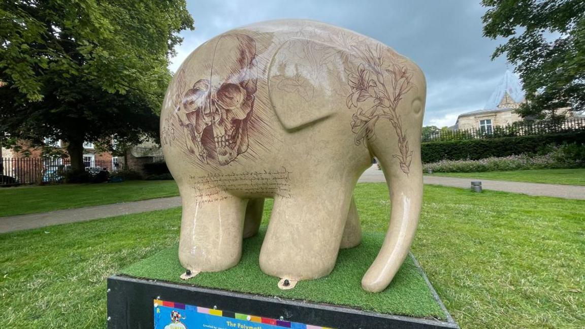 Elmer the Elephant standing on a plinth behind the cathedral and has a purple sketching of a human skull drawn on the side of his body