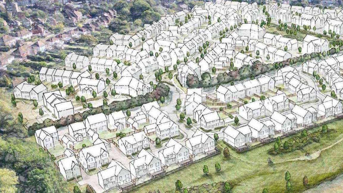 An artist's impression of a planned housing estate on farmland near the A31 close to Farnham.