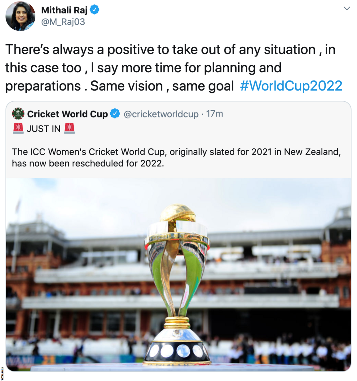 Mithali Raj tweet: There’s always a positive to take out of any situation , in this case too , I say more time for planning and preparations . Same vision , same goal #WorldCup2022