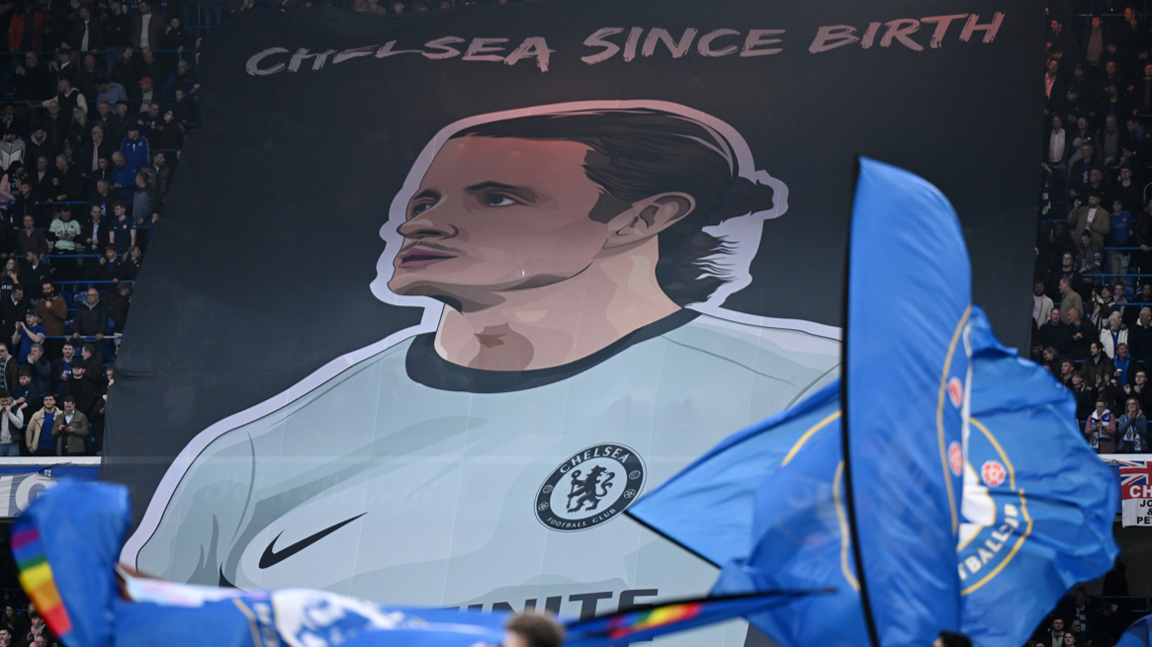 A Chelsea banner which reads 'Chelsea since birth' featuring Conor Gallagher