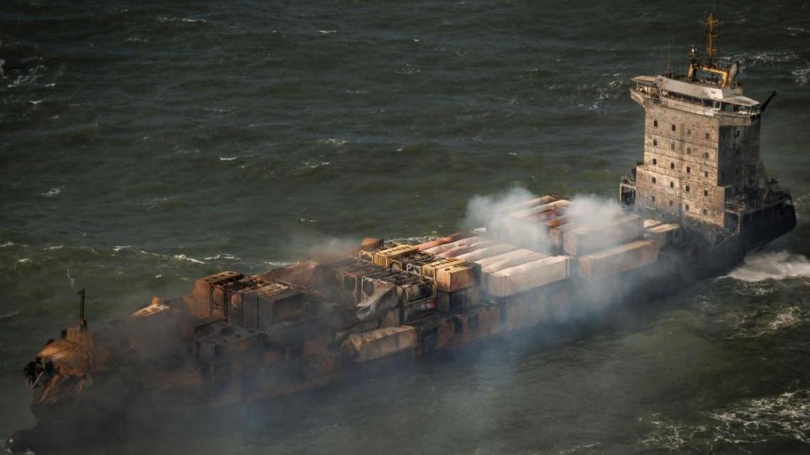 Smoke billows from the Solong cargo ship in the North Sea