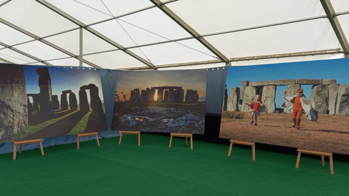 Lego Stonehenge mosaics lined up on display