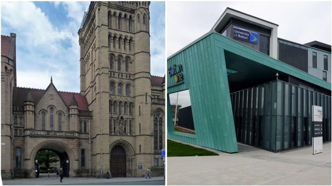 Collage of Victorian-era entrance arch and tower of University of Manchester alongside modern green and glass building at the University of Bolton