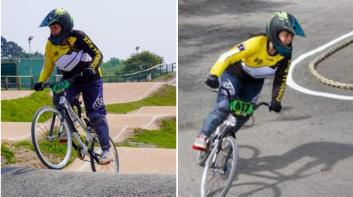 Allison Randlesome on a BMX bike and in her riding clothes, which are yellow, black and blue, and helmet