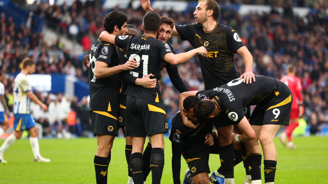 Wolves' players celebrate scoring against Brighton