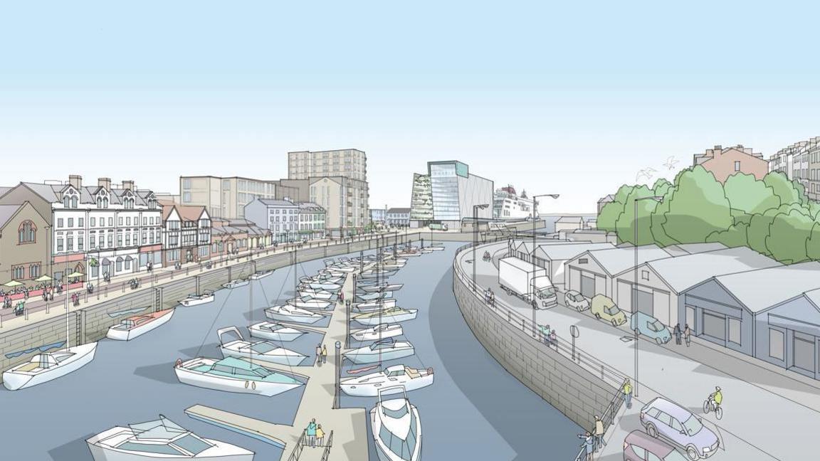 An artist's impression of the new development, its is a drawing of the harbourside of Douglas with boats in the sea and building lining the area. The new car-park appears to have about 10 stories.