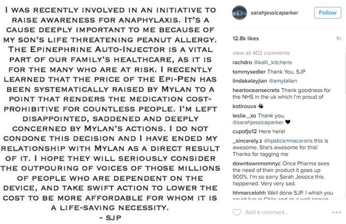 Sarah Jessica Parker Intsgram post ending association with Mylan