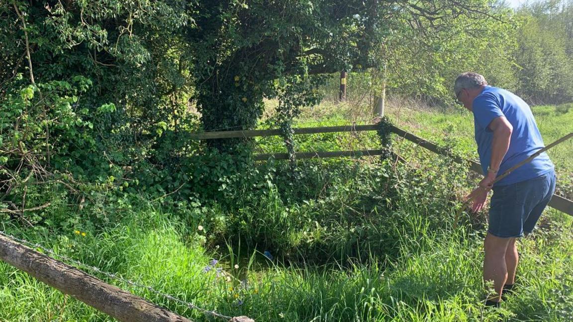 A man with a blue tshirt and shorts holding a long stick and standing in long grass with a wooden fence surround it