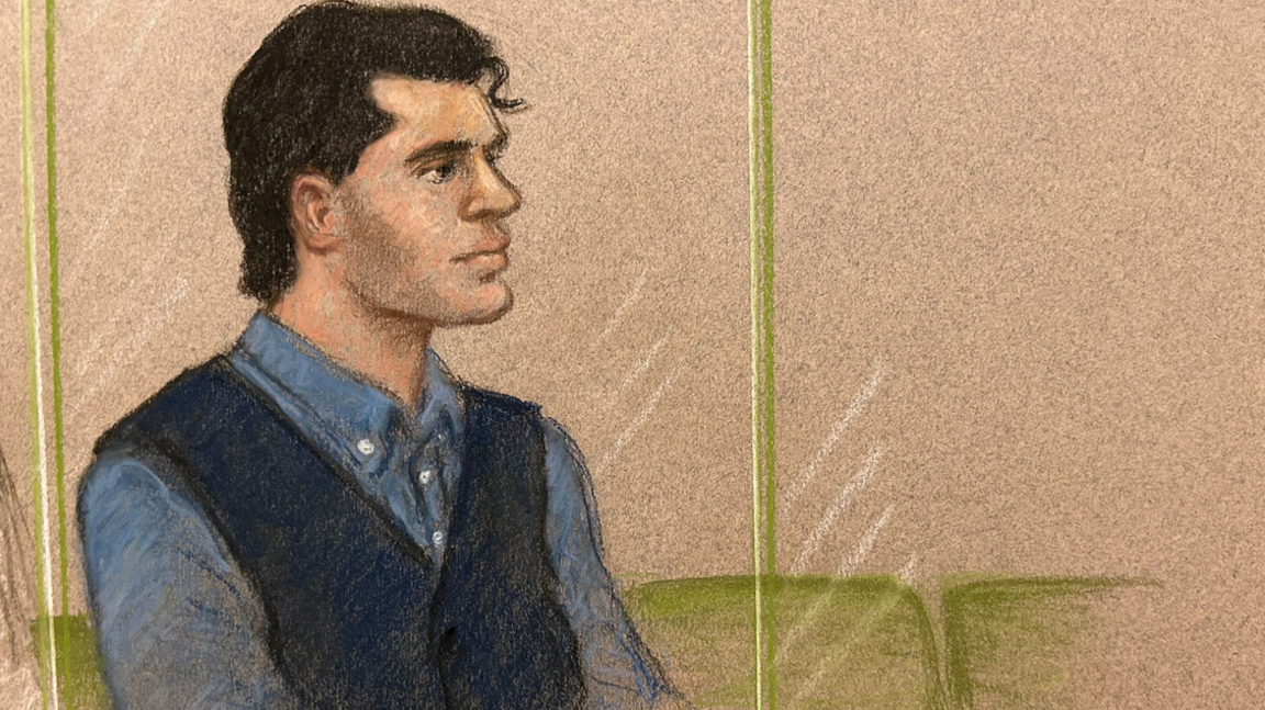 An artist's court sketch of Daniel Khalife during trial at Woolwich Crown Court. Daniel is seen wearing a blue shirt with what appears to be a navy waist coat. He is protected by a sheet of perspex glass and is sat on a green seat