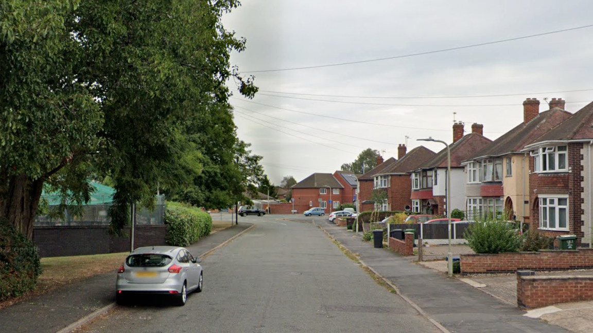 A street scene with houses on one side of the road and trees on the other