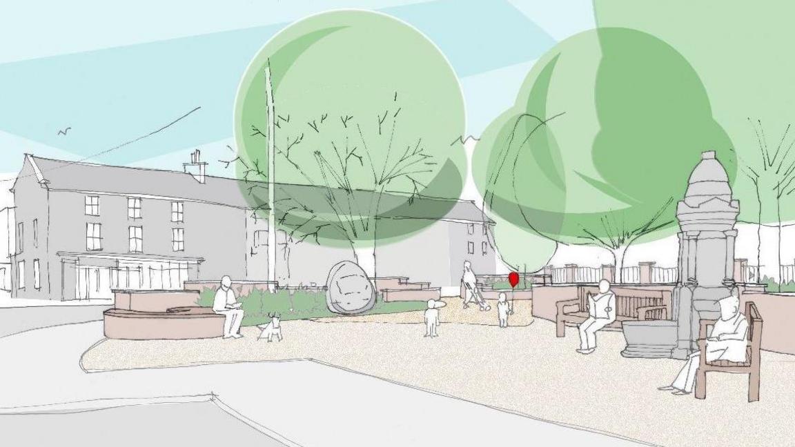 Artist's impression of the refurbished Silver Street memorial garden entrance. The drawing shows two wooden benches to the right-hand side and a new searing area on the left on the corner of the street.